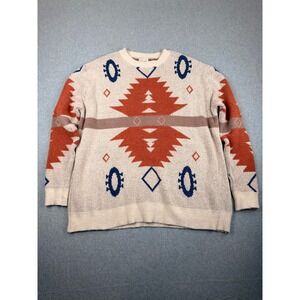 Mainstrip Womens 3XL Southwestern Geometric Knit Crewneck Sweater Rust Navy Tan